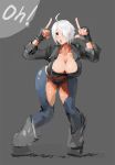  artist_request blush boots breasts brown_eyes chaps cleavage ero_doll fingerless_gloves gloves hair_over_one_eye hips jacket king_of_fighters large_breasts midriff panties short_hair sleeves_folded_up snk thighs thong underwear white_hair wide_hips 