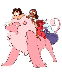  1boy 3girls afro black_hair blue_dress blue_hair blue_skin brown_hair butch/femme_couple child closed_eyes closed_mouth colored_skin connie_maheswaran couple dark-skinned_female dark_skin desi dress full_body gem gem_(steven_universe) gloves hair_over_eyes headband highres lion lion_(steven_universe) long_hair looking_at_another multiple_girls non-web_source open_mouth pink_hair ray_geiger red_skin riding riding_animal ruby_(steven_universe) sapphire_(steven_universe) shirt short_hair shorts simple_background smile steven_quartz_universe steven_universe tail tomboy white_background yuri 