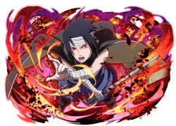  1boy bandaged_hand bandaged_head bandages black_cloak black_hair cloak holding holding_sword holding_weapon katana looking_at_viewer naruto_(series) naruto_shippuuden naruto_shippuuden:_ultimate_ninja_blazing official_art open_mouth red_eyes sharingan solo sword teeth uchiha_sasuke weapon 