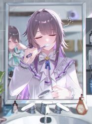  2girls absurdres alternate_costume blush bow bowtie brushing_teeth closed_mouth commentary_request cup dress faucet hand_up herta_(honkai:_star_rail) highres holding holding_cup holding_toothbrush honkai:_star_rail honkai_(series) long_hair long_sleeves mirror miya-chan_(lightning0730) multiple_girls purple_hair reflection reflection_focus ruan_mei_(honkai:_star_rail) sink squeans toothbrush toothpick very_long_hair water white_bow white_bowtie white_dress 