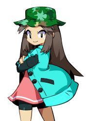  1girl absurdres alternate_costume bike_shorts black_shorts blue_jacket brown_eyes brown_hair camouflage_hat crossed_arms dress from_behind green_hat hat highres jacket leaf_(pokemon) long_hair looking_at_viewer looking_back niyuyu00 open_clothes open_jacket pokemon pokemon_frlg short_dress shorts shorts_under_dress smile solo 