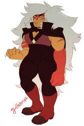  1girl boots cloak closed_mouth colored_sclera colored_skin forehead_jewel full_body gem gem_(steven_universe) homeworld_gem_uniform jasper_(steven_universe) jasper_(uncorrupted)_(steven_universe) long_hair looking_at_viewer multicolored_skin muscular muscular_female non-web_source orange_skin ray_geiger solo standing steven_universe striped_skin two-tone_skin very_long_hair white_hair yellow_eyes yellow_sclera 