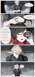  ada_wong black_hair black_shirt blonde_hair blood blood_on_arm commentary english_commentary highres holster jewelry k-cd leon_s._kennedy red_lips red_scarf resident_evil resident_evil_requiem ring scarf shirt short_hair shoulder_holster speech_bubble watch watch 