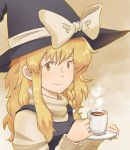  bad_id blonde_hair bust cup hat hat_ribbon kirisame_marisa long_sleeves looking_at_viewer plate potion01 ribbon simple_background smile solo tea teacup touhou turtleneck witch witch_hat yellow_eyes 