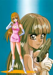  blue_eyes blurry blurry_background boots breasts brown_hair candy_(art_book) cleavage_cutout clothing_cutout dress elbow_gloves eyelashes gloves gun handgun high_heels highres holding holding_gun holding_weapon light_smile long_hair medium_breasts mon_mon multiple_views non-web_source original pencil_dress shiny_clothes short_dress standing tight_clothes tight_dress turtleneck weapon white_boots white_gloves 