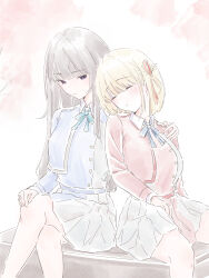  2girls absurdres black_hair blonde_hair blue_dress blue_ribbon closed_eyes closed_mouth crossed_legs dress hair_ribbon hand_on_another's_shoulder head_on_another's_shoulder highres inoue_takina long_hair looking_at_viewer lycoris_recoil lycoris_uniform multiple_girls neck_ribbon nishikigi_chisato pink_background red_dress red_ribbon ribbon short_hair sitting sleeping violet_eyes white_background yeahuzen167 yuri 