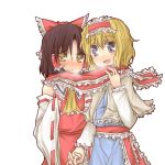  blush breath hakurei_reimu hands_clasped interlocked_fingers natsuk open_mouth perfect_cherry_blossom scarf shared_scarf smile touhou 