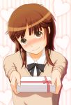  amagami arisaka_yuuto blush brown_eyes brown_hair gift highres incoming_gift sakurai_rihoko school_uniform short_hair 