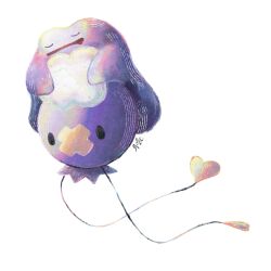  closed_eyes ditto drifloon drooling fukyo highres mouth_drool no_humans open_mouth pokemon pokemon_(creature) pokemon_focus pokemon_pokopia riding riding_pokemon simple_background solid_oval_eyes white_background 