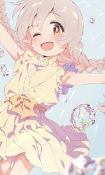  1girl :d ahoge blue_background blush brown_eyes dress highres long_hair long_sleeves looking_at_viewer multicolored_hair nazonaji onii-chan_wa_oshimai! open_mouth oyama_mahiro pink_hair pleated_skirt short_sleeves simple_background skirt smile solo twintails two-tone_hair water water_drop yellow_dress 