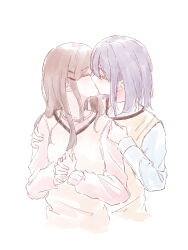  2girls absurdres adachi_sakura adachi_to_shimamura blue_shirt blush brown_hair closed_eyes hand_on_another's_shoulder highres kiss long_hair medium_hair multiple_girls pink_shirt purple_hair shimamura_hougetsu shirt simple_background vest white_background yeahuzen167 yellow_vest yuri 