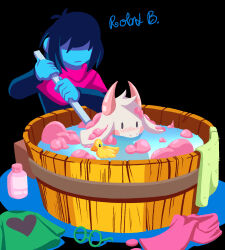 1boy 1other absurdres androgynous animal_ears antenna_hair bath black_background black_bodysuit blush bodysuit bubble_bath closed_mouth commentary deltarune english_commentary furry furry_male glasses green-framed_eyewear highres horns kris_(dark_world)_(deltarune) kris_(deltarune) no_eyes pink_scarf ralsei robablo round_eyewear rubber_duck scarf shaded_face short_hair simple_background unworn_eyewear unworn_scarf utdr_(toby_fox) 