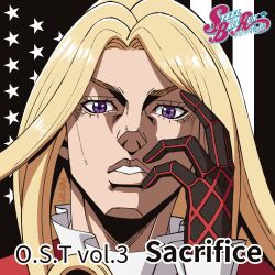  1boy absurdres american_flag araki_hirohiko_(style) argyle_clothes argyle_gloves black_gloves blonde_hair english_commentary english_text flag_background frilled_sleeves frills funny_valentine gloves hachuart hand_on_own_cheek hand_on_own_face hand_up highres jojo_no_kimyou_na_bouken jojo_pose long_hair looking_at_viewer male_focus official_style parody parted_lips portrait recolored red_gloves shirt solo steel_ball_run straight-on style_parody teeth violet_eyes white_shirt 