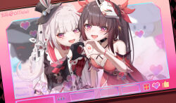  2girls absurdres aha_(honkai:_star_rail) bell black_gloves black_hat blunt_bangs braid breasts butterfly-shaped_pupils choker clothing_cutout commentary_request detached_sleeves facial_mark flower fox_mask frilled_sleeves frills gloves gun hair_intakes harurunoe hat hat_ornament heart heart_hands heart_hands_duo highres honkai:_star_rail honkai_(series) long_hair mark_under_both_eyes mask mask_on_head mini_hat mini_top_hat multicolored_hair multiple_girls o-ring o-ring_choker obi open_mouth pink_background pink_eyes plum_blossoms poker rabbit_ear_headwear rabbit_hat_ornament sash shoulder_cutout single_glove sparkle_(honkai:_star_rail) sparxie_(honkai:_star_rail) streaked_hair symbol-shaped_pupils top_hat twintails very_long_hair weapon white_hair 