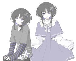  1girl alternate_costume black_collar black_hair capelet chinese_commentary closed_mouth collar commentary_request dress emptiedfishtank grey_shirt highres housho_margo long_sleeves looking_at_viewer mahou_shoujo_no_majo_saiban medium_hair multiple_views print_shirt purple_capelet purple_dress shirt simple_background skirt_hold sleeves_past_wrists smile striped_sleeves violet_eyes white_background 