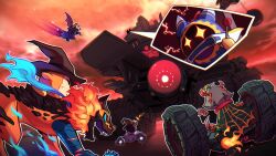  +_+ bat_wings battle_chariot_(kirby) blue_eyes blue_fire caterpillar_tracks colored_skin fire fmoptimist galaxia_(sword) gigantes_(kirby) hat highres holding holding_sword holding_weapon hop_star horns kirby_(series) kirby_air_ride kirby_air_riders leo_(kirby) magolor meta_knight orange_skin outdoors outline rayman_limbs shadow_star sword taranza waddle_dee waddle_doo weapon white_hair white_outline wings witch_hat wrecking_ball youtube_video_thumbnail 
