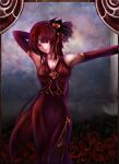  bare_shoulders breasts dress elbow_gloves evening_dress evening_gown flower gloves hair_ornament original red_eyes red_hair redhead rose side_slit solo teropu 