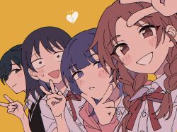  4girls :d black_hair blush braid broken_heart collared_shirt constricted_pupils dot_nose finger_to_own_chin fujii_ayame futsuu_no_keion-bu hair_ornament hairpin hand_up hatono_chihiro heart heartbreak_(futsuu_no_keion-bu) highres kouyama_rin long_hair looking_at_viewer medium_hair multiple_girls neck_ribbon niyororinpayamaru purple_hair red_eyes red_hair red_ribbon ribbon school_uniform selfie shirt sideways_glance simple_background smile sweatdrop twin_braids uchida_momo upper_body v violet_eyes white_shirt yellow_background 