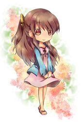  blazer blouse brown_eyes brown_hair chibi dress long_hair open_toe_shoes suzumiya_haruhi_no_yuuutsu tachiuo_(arines) 