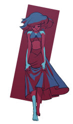  1girl barefoot blue_hair blue_skin closed_eyes closed_mouth colored_skin crop_top dress full_body gem gem_(steven_universe) lapis_lazuli_(steven_universe) long_shirt non-web_source ray_geiger short_hair simple_background skirt solo steven_universe 