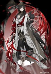  1boy ambiguous_red_liquid arm_at_side arm_ribbon ayn_alwyn ayn_alwyn_(god_forsaken_land) black_background black_gloves black_hair black_rabbit_(animal) black_robe blurry blurry_background chinese_commentary closed_mouth commentary_request crown elbow_gloves expressionless full_body gem gloves gold_collar gold_sandals gold_trim gradient_background hair_between_eyes hand_up head_chain highres impaled jewelry long_hair long_sleeves looking_at_viewer lovebrush_chronicles male_focus multiple_swords plunging_neckline rabbit red_background red_eyes red_gem red_ribbon red_sash ribbon ring robe sandals sash scar scar_on_arm shoulder_sash single_glove solo standing two-tone_robe very_long_hair waist_sash wallet_chain watermark weibo_watermark white_robe xuwu_xiao_mao zoom_layer 