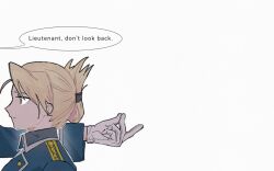  1boy 1girl 42ghost arm_around_neck blonde_hair blue_jacket closed_mouth earrings english_text fullmetal_alchemist gloves gold_buttons hair_ornament hairclip highres jacket jewelry medium_hair military_jacket riza_hawkeye roy_mustang snapping_fingers speech_bubble stud_earrings swept_bangs updo upper_body white_background white_gloves wide-eyed 