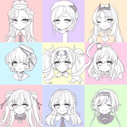  anchor_ornament beret braid buttons commentary_request double-breasted gambier_bay_(kancolle) grey_hair hat head_only headband headgear highres jean_bart_(kancolle) johnston_(kancolle) kantai_collection long_hair looking_at_viewer low_twin_braids massachusetts_(kancolle) nagi_kantai114 necktie nelson_(kancolle) odd_one_out one_eye_closed ranger_(kancolle) sailor_collar samuel_b._roberts_(kancolle) saratoga_(kancolle) side_ponytail smile spot_color teruzuki_(kancolle) twin_braids twintails two_side_up upper_body 
