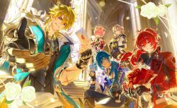  5boys albedo_(genshin_impact) antenna_hair aqua_coat aqua_eyes armband armor belt beret black_capelet black_coat black_gloves black_pants black_shirt blonde_hair blue_armband blue_bow blue_eyes blue_hair blue_shirt blue_vest bouquet bow box bracelet braid brown_belt cape capelet cathedral church cleavage_cutout closed_mouth clothing_cutout coat collared_coat collared_shirt commentary dahlia_(genshin_impact) dark-skinned_male dark_skin diluc_(genshin_impact) diluc_(red_dead_of_night)_(genshin_impact) earrings elbow_gloves english_commentary envelope eyepatch finger_to_mouth fingerless_gloves floating_hair flower fur-trimmed_cape fur-trimmed_coat fur_trim gauntlets genshin_impact gift gift_box gloves gold_trim grey_vest grin hair_between_eyes hair_over_shoulder half_up_half_down_braid hand_up hat high_ponytail holding holding_bouquet holding_envelope holding_gift hood hood_down hooded_coat index_finger_raised jewelry kaeya_(genshin_impact) lapels long_hair long_sleeves looking_at_viewer love_letter low_ponytail male_focus medium_hair multiple_boys official_alternate_costume official_art one_eye_closed one_eye_covered open_clothes open_coat outstretched_arm pants parted_bangs pauldrons pink_hair ponytail puffy_long_sleeves puffy_sleeves reaching reaching_towards_viewer red_coat red_eyes red_flower red_hair red_rose ring rose scar scar_on_arm scar_on_cheek scar_on_face scar_on_neck second-party_source shirt short_hair short_sleeves shoulder_armor shushing single_earring single_gauntlet single_pauldron sitting sitting_on_stairs sleeve_cuffs smile spiked_bracelet spikes stained_glass stairs standing teeth thick_eyebrows thigh_belt thigh_strap three-quarter_sleeves tomanattsu varka_(genshin_impact) very_long_hair vest violet_eyes vision_(genshin_impact) white_coat white_day white_flower white_hat white_pants white_shirt window wing_collar 
