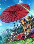  arrow bare_shoulders blue_sky breasts cleavage dutch_angle flower hair_ornament iceojin long_hair midriff mountain mouth_hold navel parasol pixiv_fantasia pixiv_fantasia_5 ponytail red_hair redhead sitting sky umbrella vase yellow_eyes 
