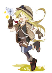  1girl :d absurdres black_shirt black_shorts blonde_hair blue_thighhighs boots brown_boots brown_gloves brown_helmet chinese_commentary commentary_request full_body glasses gloves green_eyes hand_up helmet highres huasha index_finger_raised jacket long_hair looking_at_viewer made_in_abyss open_clothes open_jacket open_mouth riko_(made_in_abyss) semi-rimless_eyewear shirt short-sleeved_jacket short_sleeves shorts simple_background smile solo standing standing_on_one_leg star_(symbol) star_compass thigh-highs under-rim_eyewear whistle whistle_around_neck white_background 