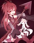  bare_shoulders black_legwear black_thighhighs boots detached_sleeves kouko kyubey kyuubee mahou_shoujo_madoka_magica mouth_hold on_floor open_mouth petting pink_hair pocky polearm ponytail red_eyes red_hair redhead ryouka_(nm0407) sakura_kyouko sitting solo spear thigh-highs thighhighs weapon 