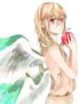  aphrodite_(inazuma_eleven) apple bad_id blonde_hair food fruit holding holding_apple holding_fruit inazuma_eleven inazuma_eleven_(series) long_hair motsu_(sararia) multiple_wings red_eyes wings 