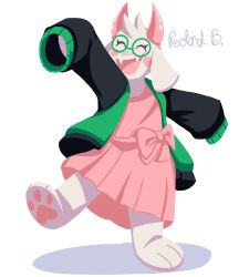  1boy absurdres alternate_costume animal_ears barefoot black_jacket blush closed_eyes commentary crossdressing crossdressing_(mtf) deltarune dress english_commentary fangs full_body furry furry_male glasses green-framed_eyewear highres horns jacket long_sleeves male_focus open_mouth pink_dress ralsei robablo round_eyewear simple_background skin_fangs sleeves_past_fingers sleeves_past_wrists smile solo utdr_(toby_fox) white_background 
