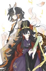  2girls arknights behind_another black_hair braid chinese_clothes chinese_commentary chun_(arknights) commentary_request dragon_horns earrings eastern_dragon_horns flipped_hair floating_paper gingaroku gradient_horns grey_eyes guan_hat highres holding horns huban jacket jewelry jie_(arknights) long_hair maple_leaf_hair_ornament multicolored_hair multicolored_horns multiple_girls pointy_ears profile purple_hanfu purple_robe red_jacket red_streaks robe short_hair side_braid sketch skin-covered_horns smile streaked_hair tassel tassel_earrings white_background wide_sleeves 