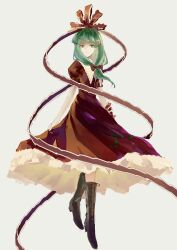  1girl absurdres acor black_boots blunt_bangs boots chinese_commentary commentary dress frills full_body green_eyes green_hair grey_background highres kagiyama_hina large_ribbon long_hair looking_at_viewer red_dress red_ribbon ribbon short_sleeves skirt_hold smile solo touhou 