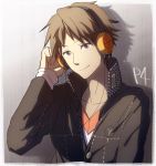  brown_hair hanamura_yousuke headphones male nishisaki persona persona_4 school_uniform smile 