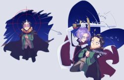  2boys alternate_universe black_cape black_hair black_pants blue_eyes cape closed_mouth commentary english_commentary gloves green_jacket hair_slicked_back hand_on_another's_shoulder highres holding holding_sword holding_weapon implied_yaoi jacket julius_juukulius long_sleeves male_focus multiple_boys natsuki_subaru pants purple_hair re:zero_kara_hajimeru_isekai_seikatsu short_hair smile sparkle sword violet_eyes weapon white_cape white_gloves zhulock 