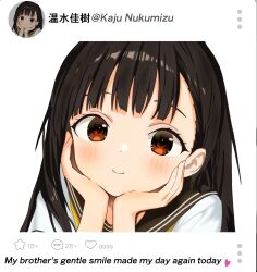  1girl black_hair blunt_bangs blush brown_eyes brown_sailor_collar closed_mouth dress hands_on_own_head hashtag-only_commentary highres hotaru_090 long_hair looking_at_viewer make_heroine_ga_oo_sugiru! momozono_junior_high_school_uniform neckerchief nukumizu_kaju sailor_collar sailor_dress school_uniform short_sleeves simple_background smile solo summer_uniform white_background yellow_neckerchief 