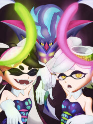  2girls beak black_dress black_hair black_jumpsuit black_sclera bow-shaped_hair callie_(splatoon) callie_(squid_sisters_outfit)_(splatoon) closed_eyes collarbone colored_sclera commentary_request cousins detached_collar dress earrings food food_on_head gloves glowing glowing_eyes glowing_finger grey_hair highres inkling jewelry jumpsuit long_hair malamar marie_(splatoon) marie_(squid_sisters_outfit)_(splatoon) mega_malamar mega_pokemon misawa_rei1017 mole mole_under_eye multiple_girls object_on_head pointy_ears pokemon pokemon_(creature) sharp_teeth short_jumpsuit splatoon_(series) squid stay_fresh_(pose) strapless strapless_dress sushi swept_bangs teeth tentacle_hair tentacles unitard updo white_gloves yellow_eyes 