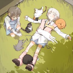  2girls :< bang_dream! bang_dream!_it's_mygo!!!!! black_shoes black_trim blue_overalls blue_shorts blush brown_eyes casual cat cat_teaser closed_eyes closed_mouth collared_shirt commentary cross-laced_clothes cross-laced_legwear cross-laced_shoes day elbow_gloves facing_ahead fingerless_gloves gloves grass grey_hair hair_ornament hair_ribbon highres kaname_raana kneehighs kudo_404nf leg_warmers long_sleeves looking_ahead lying multiple_girls necktie no_sclera on_back on_ground on_one_knee outdoors outstretched_arm outstretched_arms overall_shorts overalls pink_leg_warmers pink_ribbon pink_vest pom_pom_(clothes) raana_the_cat ribbon shadow shirt shoes short_hair short_sleeves shorts single_sleeve_past_wrist socks t-pose takamatsu_tomori vest white_hair white_shirt white_socks x_hair_ornament yellow_necktie yellow_shoes 