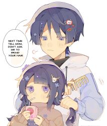  1boy 1girl aged_down alternate_costume alternate_universe blue_eyes blue_hair blunt_bangs braid braided_twintails brother_and_sister brushing_hair closed_mouth comb commentary contemporary cup disposable_cup drink_carton drinking english_commentary english_text genshin_impact hair_between_eyes hair_ornament hat highres holding holding_comb holding_cup holding_juice_box jacket juice_box leaning_back long_sleeves looking_down purple_hair raiden_shogun scaramouche_(genshin_impact) scmoou siblings sigh speech_bubble sweater upper_body violet_eyes wanderer_(genshin_impact) white_background 