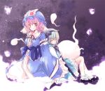  back-to-back blush ghost hairband hat hitodama japanese_clothes katana konpaku_youmu konpaku_youmu_(ghost) multiple_girls pink_hair red_eyes saigyouji_yuyuko scabbard sheath short_hair silver_hair sitting sleeping sword touhou uchida_(artist) uchida_neo weapon 