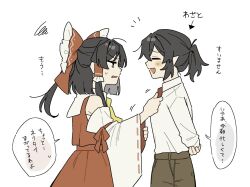  2girls adjusting_another's_clothes adjusting_clothes adjusting_necktie ascot bow brown_eyes brown_hair brown_shorts collared_shirt commentary detached_sleeves facing_another frilled_bow frilled_hair_tubes frills hair_bow hair_tubes hakurei_reimu long_hair looking_at_another missing_headwear multiple_girls necktie open_mouth pointy_ears red_bow red_necktie red_skirt ribbon-trimmed_sleeves ribbon_trim sakic43899 shameimaru_aya shirt shorts simple_background skirt skirt_set smile speech_bubble squiggle sweatdrop touhou translation_request white_background white_shirt yellow_ascot 