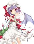  adapted_costume bare_shoulders bat_wings castle hands_clasped hat lavender_hair light_smile red_eyes remilia_scarlet short_hair simple_background smile solo tareme touhou tree wings yumesato_makura 