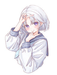  1girl ayatsuno_yuni blue_nails blush closed_mouth commentary_request cropped_torso curtained_hair fingernails grey_hair hands_up highres index_fingers_raised long_fingernails long_sleeves looking_at_viewer nail_polish purple_sailor_collar sailor_collar sailor_shirt school_uniform shirt short_hair simple_background smile solo star-shaped_pupils star_(symbol) stellive symbol-shaped_pupils umingkong violet_eyes virtual_youtuber white_background white_shirt 