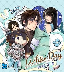  1boy 1girl angel_wings angelo_(ff8) aqua_coat bare_shoulders black_hair black_sweater blue_eyes blue_flower blue_shirt bouquet brown_hair candy closed_mouth coat couple dated final_fantasy final_fantasy_viii flower food hair_between_eyes hetero holding holding_bouquet holding_stuffed_toy laughing light_blush long_hair mini_wings multicolored_hair open_mouth parted_bangs ribbed_sweater rinoa_heartilly rose sayaendou0426 scar scar_on_face scar_on_forehead shirt short_hair smile squall_leonhart streaked_hair stuffed_toy sweatdrop sweater turtleneck turtleneck_sweater twitter_username upper_body white_day white_flower white_rose wings wrapped_candy 