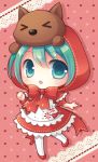  &gt;_&lt; 1girl bow chibi green_eyes green_hair hatsune_miku little_red_riding_hood little_red_riding_hood_(cosplay) little_red_riding_hood_(grimm) pantyhose project_diva project_diva_2nd solo vocaloid wolf yui 