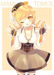  :p bad_id beret blonde_hair breasts cleavage drill_hair fingerless_gloves gloves hair_ornament hat heart kosuzume large_breasts magical_girl mahou_shoujo_madoka_magica pleated_skirt puffy_sleeves skirt solo thigh-highs thighhighs tomoe_mami tongue wink yellow_eyes zettai_ryouiki 