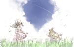  animal_ears blonde_hair blue_sky bunny_ears child cloud clouds dress fox_ears fox_tail grass hat highres ikuta_takanon inaba_tewi looking_back multiple_girls multiple_tails outstretched_arm reaching running short_hair sky standing tail touhou yakumo_ran young 