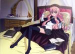  absurdres bed book chain chains highres louise_francoise_le_blanc_de_la_valliere pentacle pink_eyes pink_hair smile solo thigh-highs thighhighs wand zero_no_tsukaima 